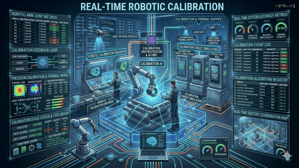 Robotic system performing real-time calibration using sensors and feedback loops, adjusting movements and precision dynamically on a production line.