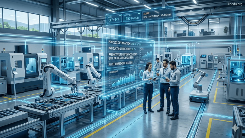 AI-powered process optimization system analyzing manufacturing data and improving production efficiency in a smart factory.
