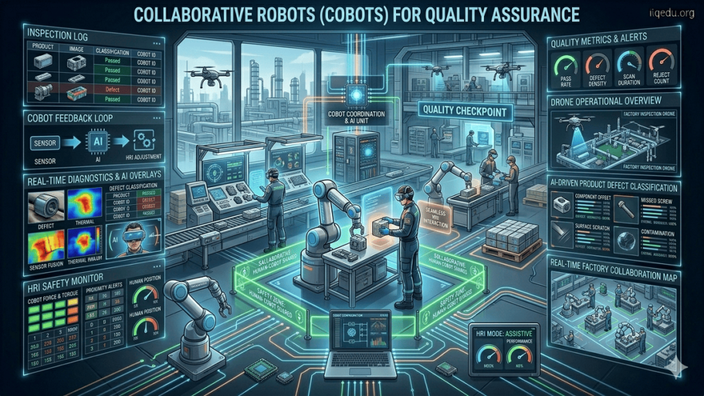 Collaborative robot working alongside a human operator in a quality assurance setting, inspecting products and assisting with precision tasks on a production line.