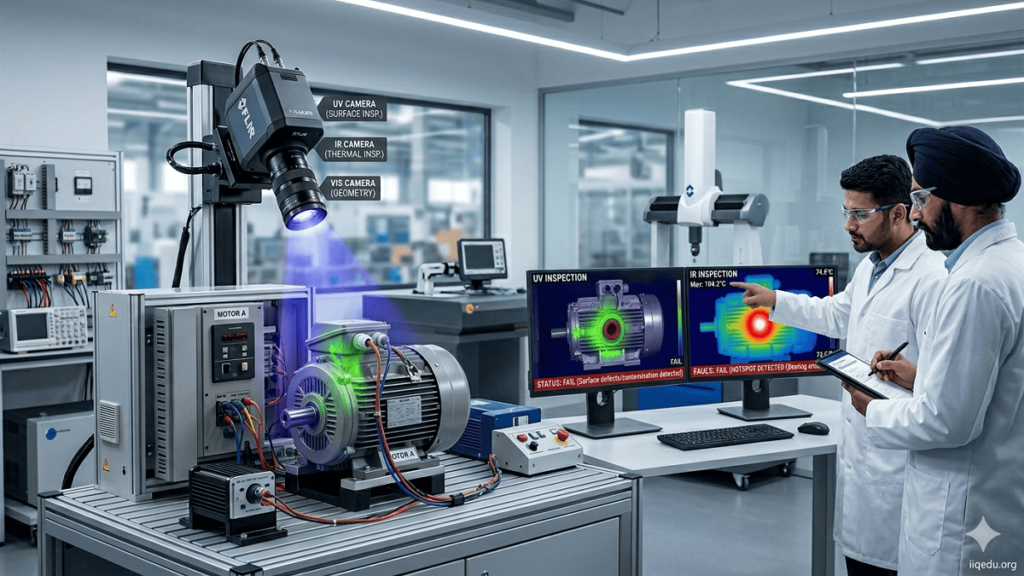“UV and IR cameras inspecting an industrial component, showing surface defects under UV light and thermal anomalies on a computer screen, watermark iiqedu.org.”