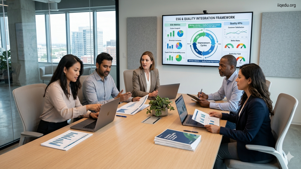 ESG & Quality Integration. A corporate team of four professionals in a modern office discussing ESG and quality integration, with charts, laptops, and a screen displaying ESG metrics, quality KPIs, and an improvement cycle.