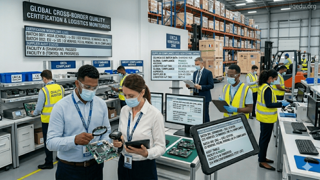 Staff inspecting imported products at an international logistics hub, scanning barcodes and verifying regulatory labels for multiple countries.