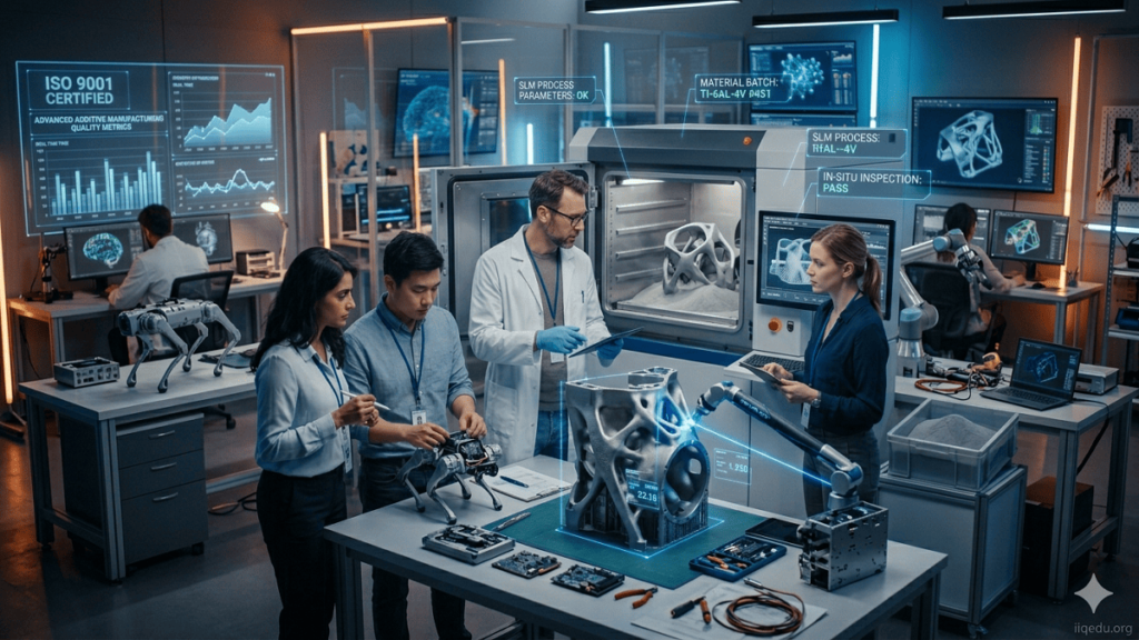 Engineers working with 3D printers and metal powders in a high-tech factory, demonstrating additive manufacturing quality control and standards, watermark: "iiqedu.org".