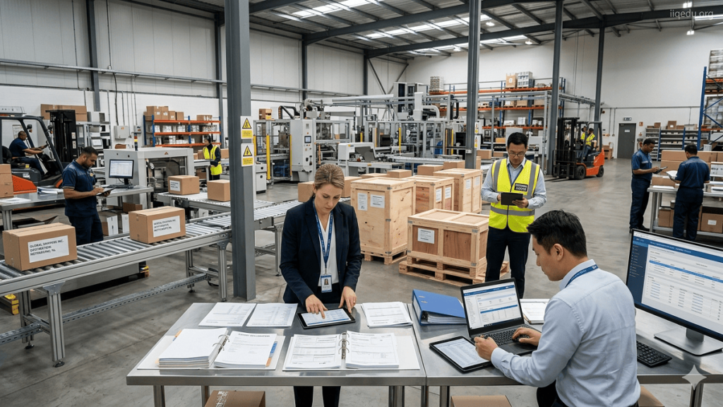 Auditors and compliance officers reviewing import/export documentation in a manufacturing facility, ensuring trade compliance with WTO guidelines.