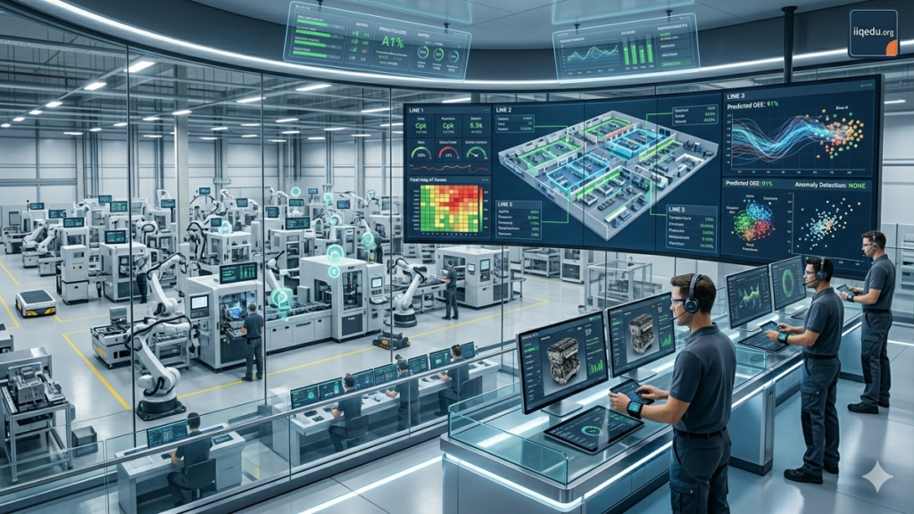 Smart Factory Quality Platforms. “Infographic showing AI-driven quality analytics and predictive defect detection in a smart factory.”