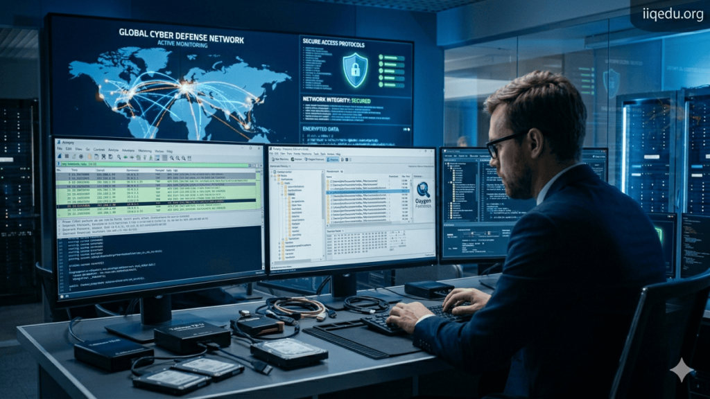 Digital Forensics & ISO Standards. Cybersecurity expert analyzing digital evidence on multiple screens in a forensic investigation lab