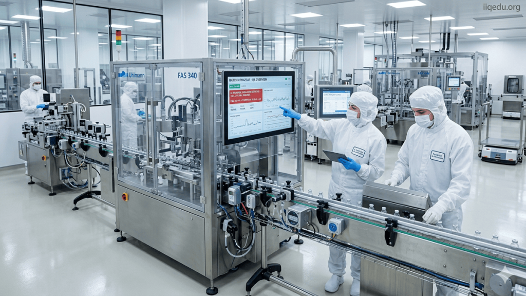 Lab technicians and engineers using AI-powered systems to monitor pharmaceutical production processes for quality, deviations, and compliance.
