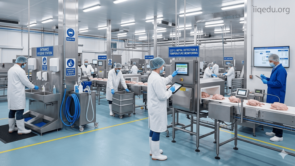 Illustration representing food safety and quality management standards, including ISO 22000 and HACCP, showing safe food handling, hygiene practices, and quality control processes.