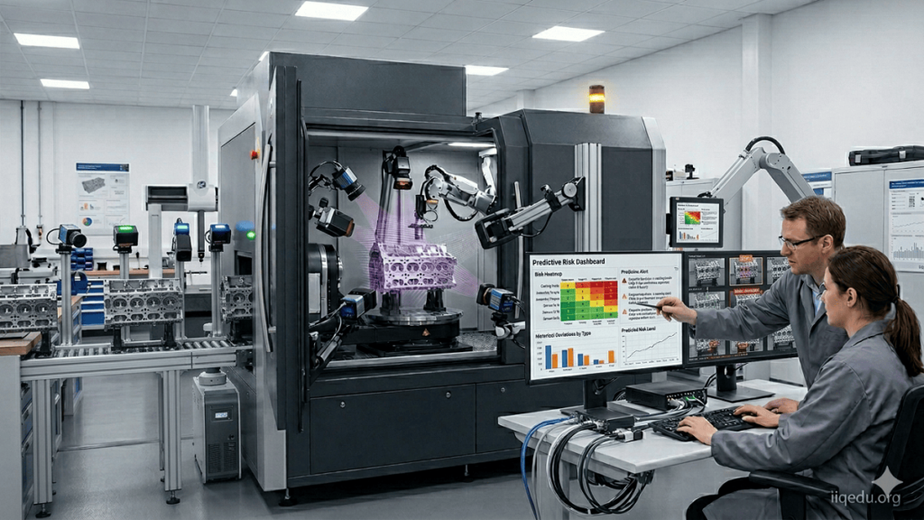 “AI-driven defect detection system analyzing products on a production line, highlighting defects and displaying analytics on a computer screen, watermark iiqedu.org.”