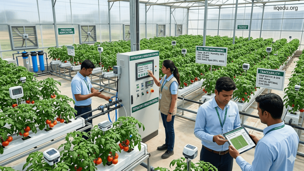 Smart Farming Quality Measures. Staff checking automated irrigation and fertilization systems in a greenhouse, with engineers reviewing crop growth data on tablets and sensors monitoring temperature and humidity.