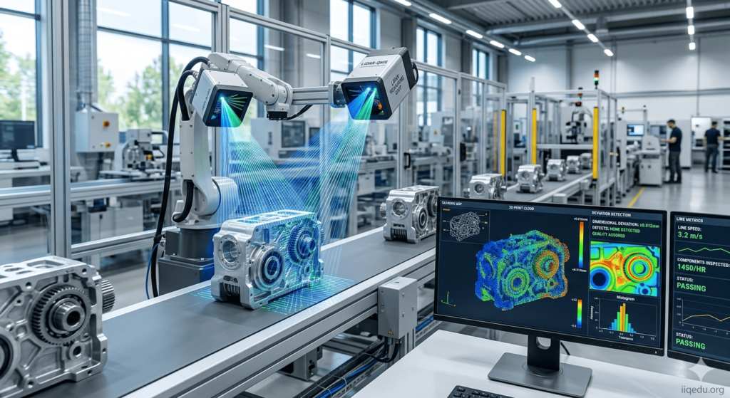 “LIDAR-based quality monitoring scanning an industrial component, showing 3D point cloud and measurements on a computer, watermark iiqedu.org.”