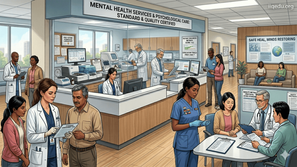 Psychologist assessing a patient in a mental health clinic, following quality metrics for safe and effective care.
