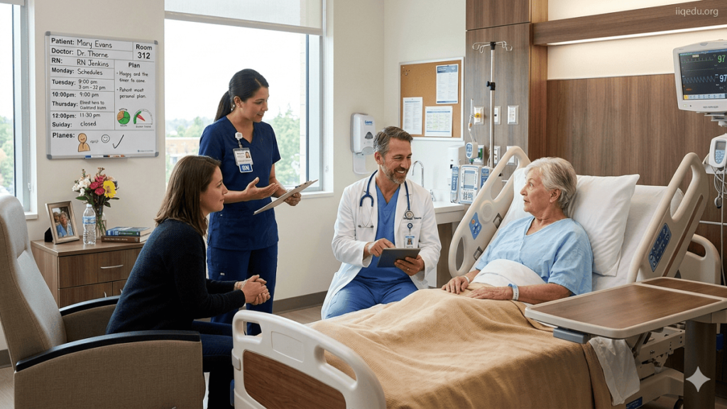 This visual depicts a realistic hospital environment where a doctor and nurse are actively engaging with a patient and their family. The scene highlights patient-centered care through open communication, shared decision-making, and the use of digital tools such as tablets for accessing medical records. The setting reflects comfort, empathy, and coordination, reinforcing the importance of aligning healthcare delivery with patient values.. Patient-Centered Quality Models. Doctor and nurse discussing a treatment plan with a patient and family member in a hospital room, emphasizing communication and personalized care.