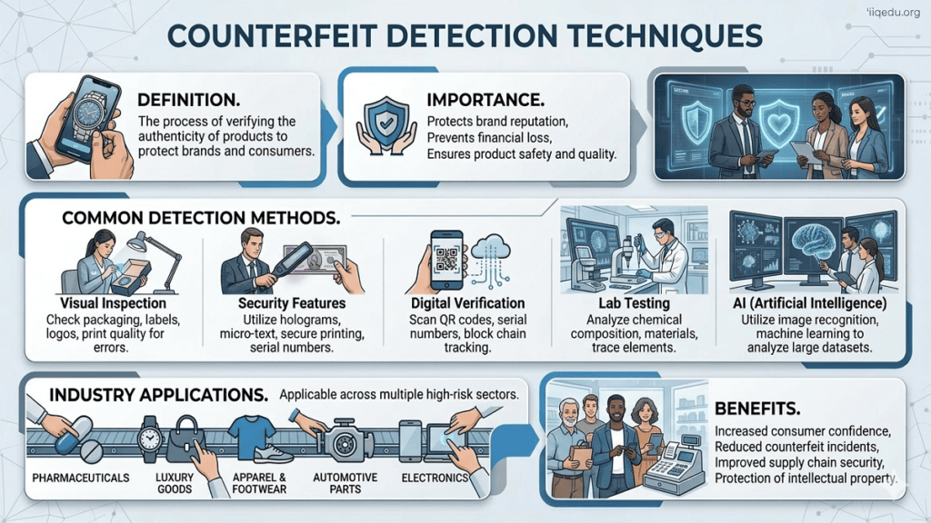 Infographic showing Counterfeit Detection Techniques, including visual inspection, security features, digital verification, lab testing, AI methods, and industry applications, with a watermark “iiqedu.org” in the top right corner