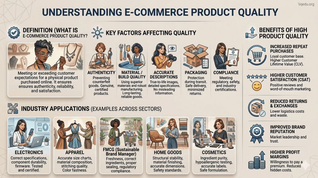 Infographic illustrating E-commerce Product Quality, including key factors (authenticity, material/build quality, descriptions, packaging, compliance), industry applications, and benefits, with a watermark “iiqedu.org” in the top right corner.