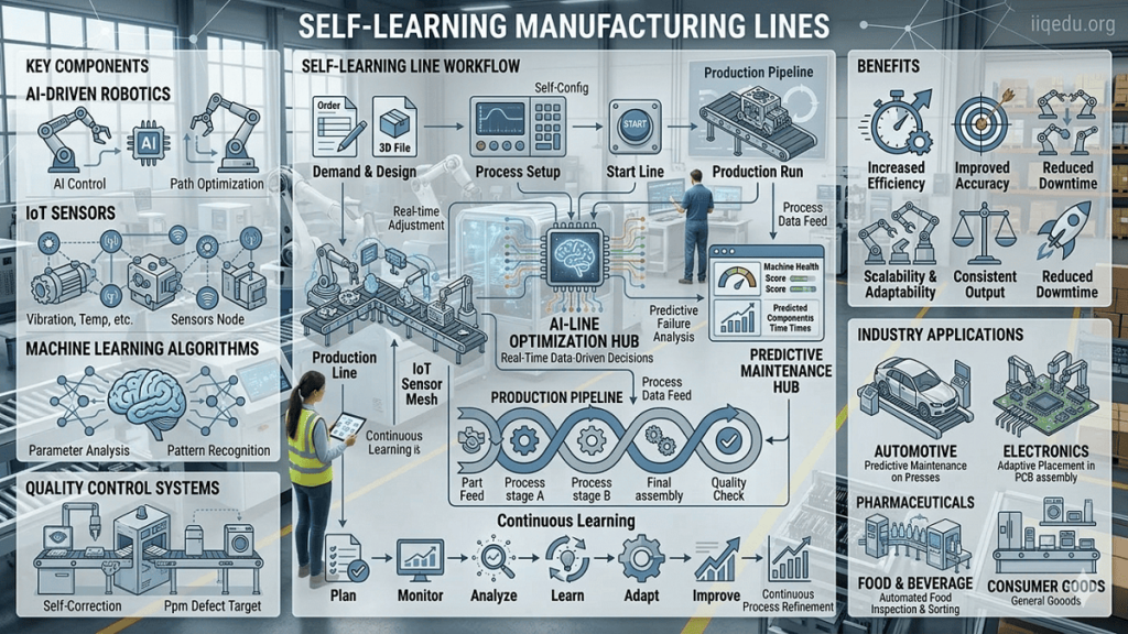 Infographic illustrating self-learning manufacturing lines, showing AI-driven robotics, IoT sensors, machine learning algorithms, predictive maintenance, adaptive production processes, and quality control systems with industry applications.