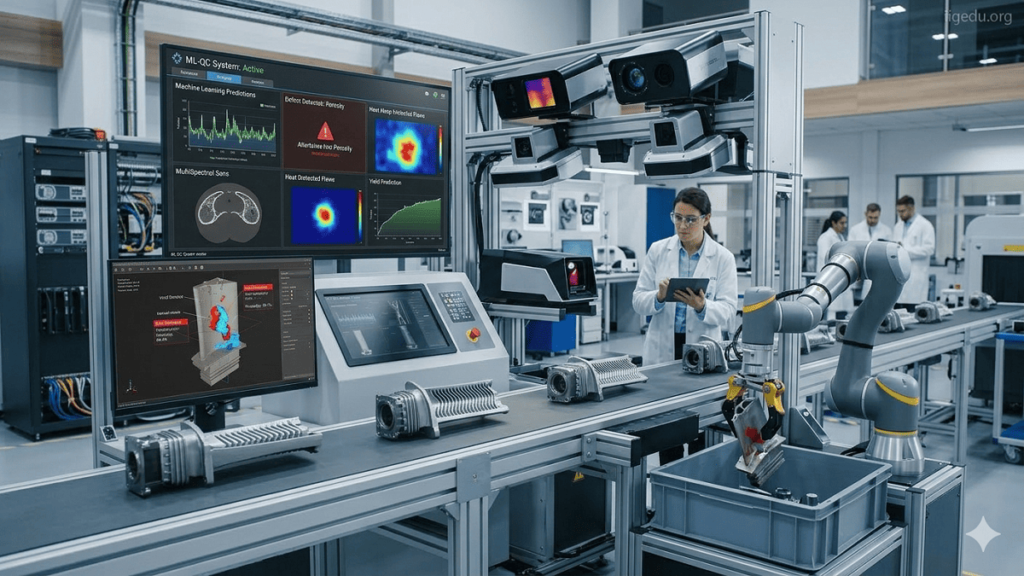 High-resolution illustration of AI and Machine Learning inspecting products on a smart factory production line. AI-powered cameras and sensors detect defects in real time, with dashboards showing live analytics, predictions, and defect highlights. Robotic arms remove defective items while a technician monitors the process. Subtle watermark 'iiqedu.org' in the top-right corner. AI & Machine Learning in QC/QA