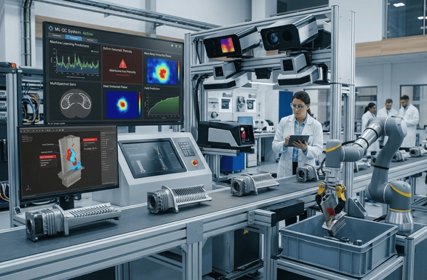 High-resolution illustration of AI and Machine Learning inspecting products on a smart factory production line. AI-powered cameras and sensors detect defects in real time, with dashboards showing live analytics, predictions, and defect highlights. Robotic arms remove defective items while a technician monitors the process. Subtle watermark 'iiqedu.org' in the top-right corner. AI & Machine Learning in QC/QA