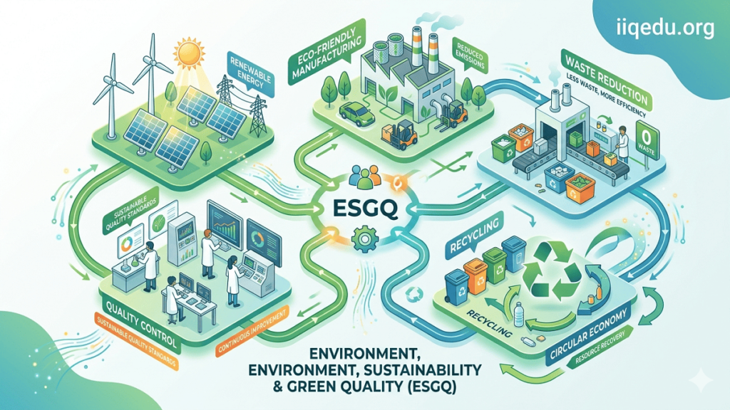 Sustainability & Green Quality. Illustration showing eco-friendly manufacturing, renewable energy, recycling, and quality control processes with ESGQ principles. Watermark “iiqedu.org” in the top right corner.