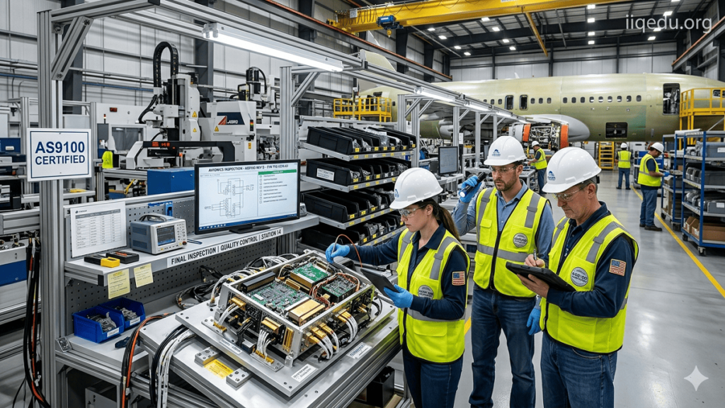 Engineers inspecting aircraft components on a high-tech assembly line in an aerospace manufacturing facility, illustrating AS9100 quality management. Semi-transparent watermark ‘iiqedu.org’ in the top-right corner.