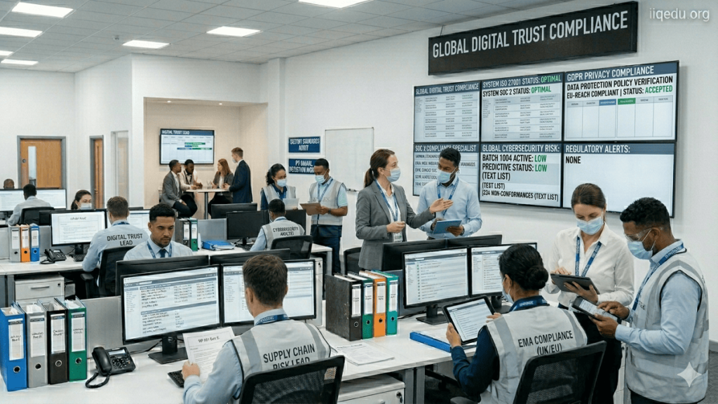 IT and cybersecurity professionals monitoring global compliance dashboards for ISO 27001, SOC 2, and GDPR in a professional command center.