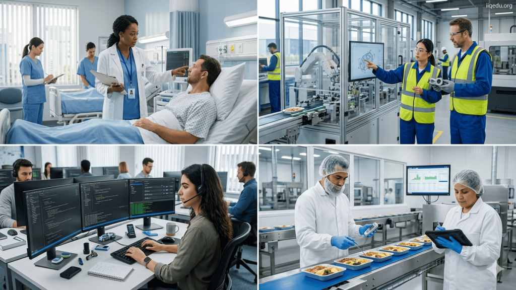 Industry-Specific Quality. Visual showing professionals from healthcare, manufacturing, IT, and food industries with sections representing standards, processes, and outcomes in quality management.