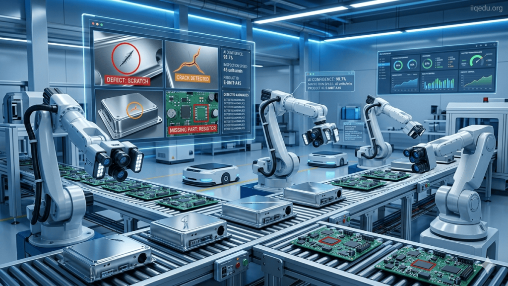 AI-powered computer vision system inspecting products on a manufacturing conveyor belt to detect defects such as cracks, scratches, and missing components.AI-driven Defect Detection