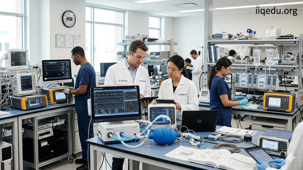 Engineers and technicians testing biomedical devices like ventilators and infusion pumps in a hospital laboratory with real-time monitoring systems.