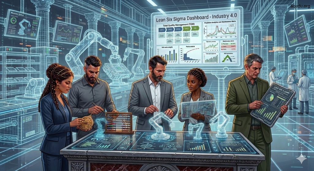 Digital Transformation & Industry. A smart factory and corporate team illustrate Digital Transformation and Industry 4.0. Robots operate on automated production lines with IoT sensors, while employees monitor dashboards on tablets and laptops. Screens display real-time data, predictive analytics, and KPIs. The office environment is modern and high-tech with realistic lighting. A small watermark “iiqedu.org” is visible in the top-right corner.