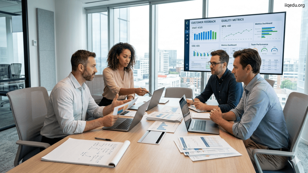 Customer Feedback & Quality Metrics. A professional presenting customer feedback and quality metrics on a screen to a team in a modern meeting room while colleagues listen and take notes.