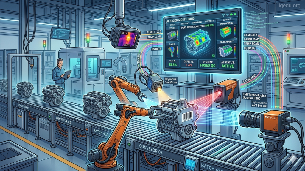 Multi-sensor fusion in QC system inspecting products on a factory conveyor using cameras, laser scanners, and thermal sensors while AI software analyzes quality data in real time. Multi-sensor fusion in QC