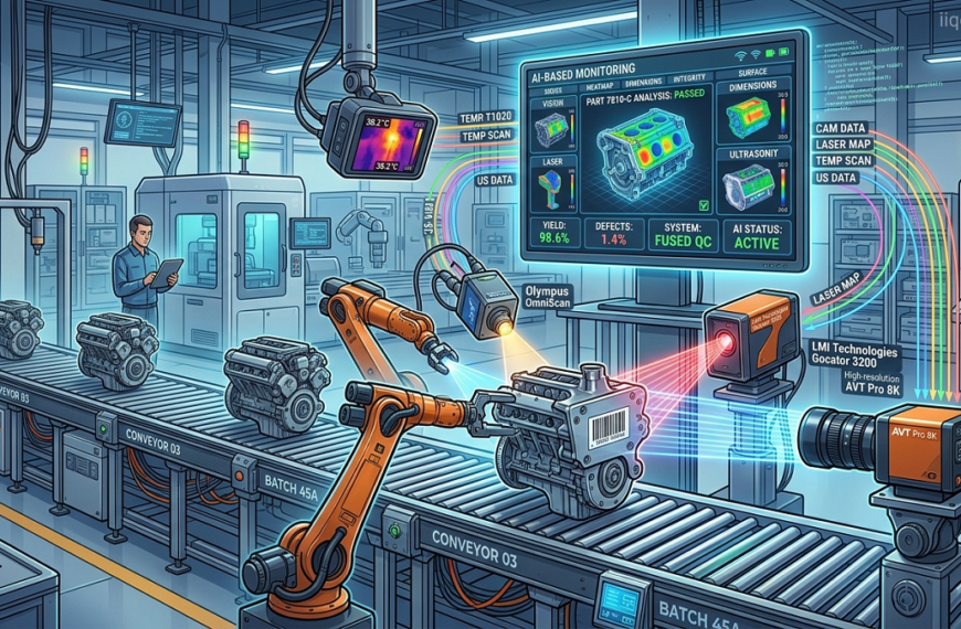 Multi-sensor fusion in QC system inspecting products on a factory conveyor using cameras, laser scanners, and thermal sensors while AI software analyzes quality data in real time. Multi-sensor fusion in QC