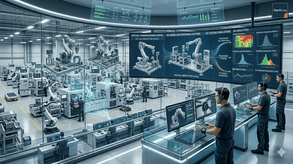 Virtual Commissioning of QA Systems Engineers interacting with digital dashboards simulating QA systems in a smart factory using virtual commissioning.