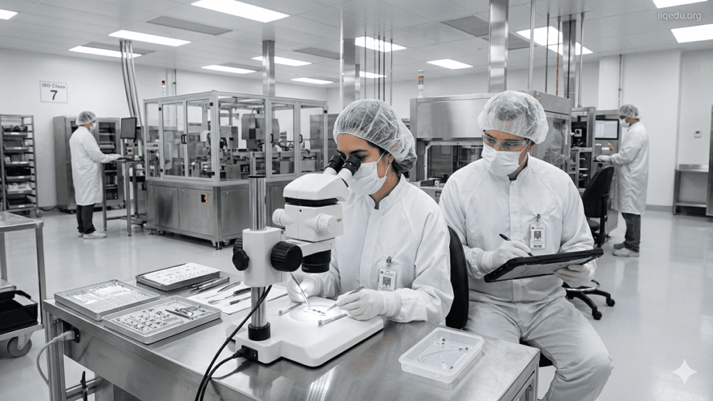 Technicians in full protective gear monitoring tablet presses and injectable filling machines in a sterile pharmaceutical cleanroom.