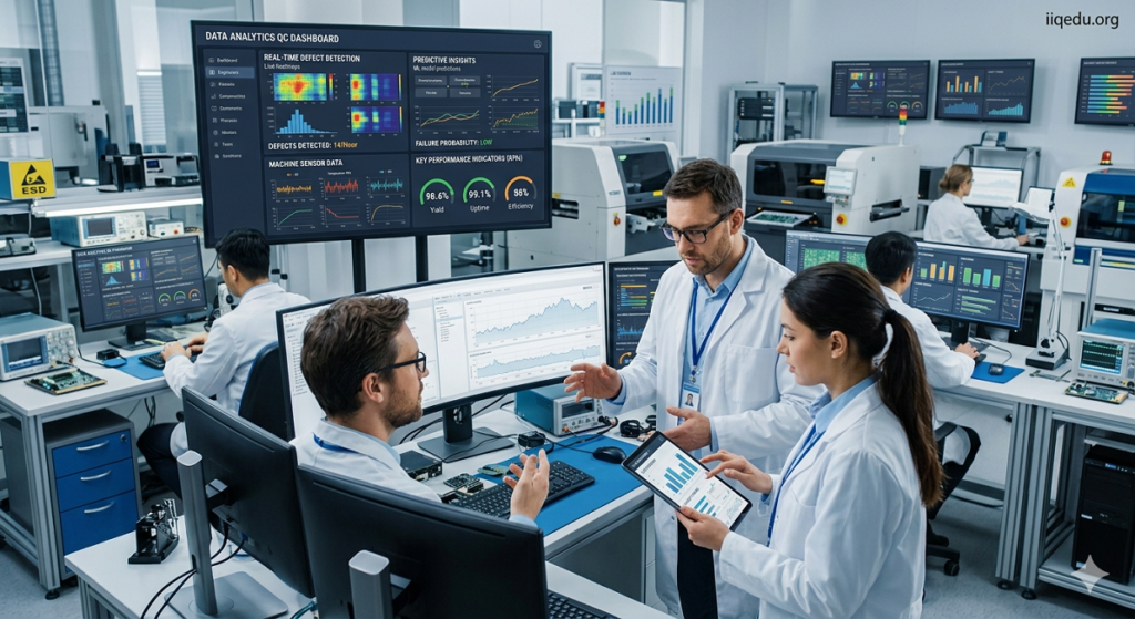 A modern manufacturing floor and electronics lab show employees using big data analytics for quality control. Large screens display real-time dashboards with defect trends, predictive analytics, KPIs, and charts. Machines are equipped with sensors sending live data to the system. Employees analyze data on tablets and computers to optimize production quality. The environment is high-tech, professional, and well-lit. A small watermark “iiqedu.org” is visible in the top-right corner.