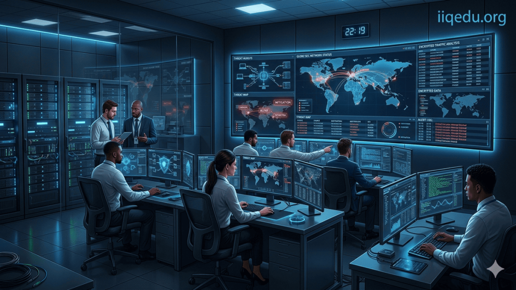 A digital shield protecting a network of interconnected devices, symbolizing information and cybersecurity quality.