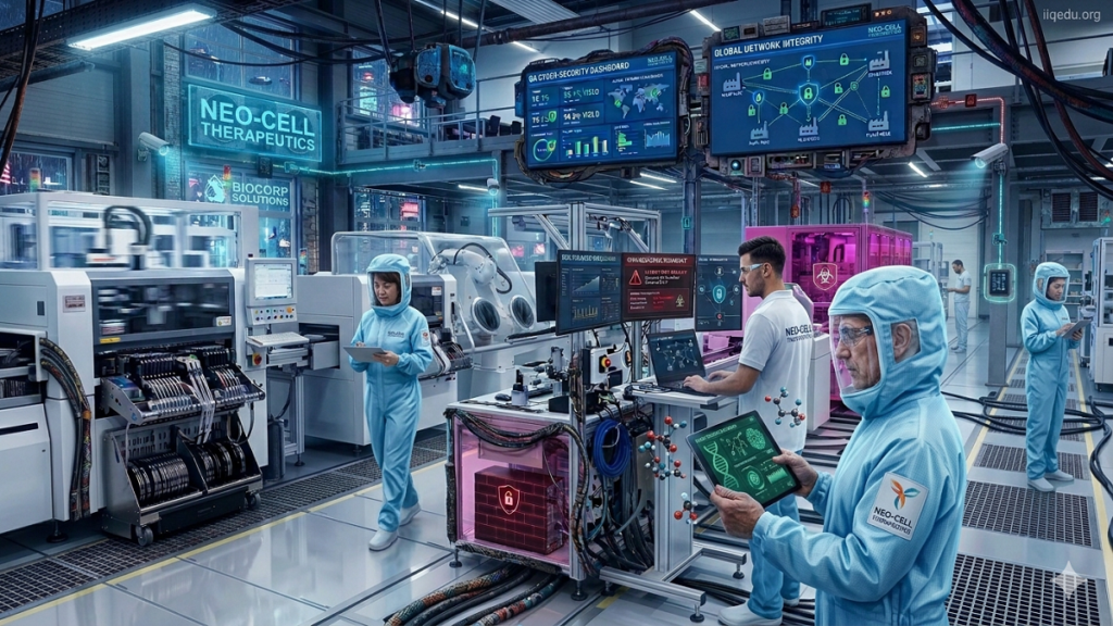 A modern manufacturing facility and office environment show professionals using secure quality systems protected by cybersecurity measures. Employees monitor QA dashboards on computers and tablets displaying encrypted data, threat detection alerts, firewalls, and secure cloud connections. Visual elements such as digital locks and network security icons represent data protection. The setting is high-tech, professional, and well-lit. A small watermark “iiqedu.org” is visible in the top-right corner.