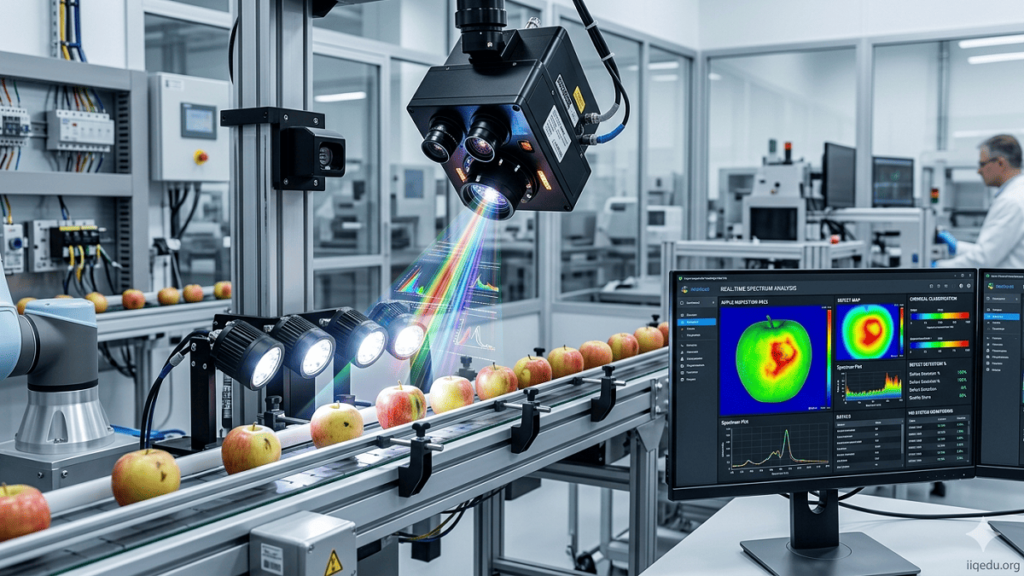 “Hyperspectral imaging system inspecting a product on a conveyor belt, showing spectral data on a computer screen, watermark iiqedu.org.”