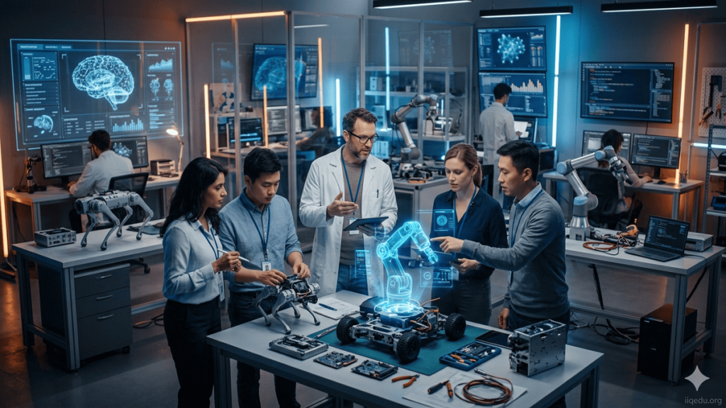 Innovation & Technology Quality. Engineers and scientists collaborating in a high-tech laboratory with holographic screens and advanced AI systems, showcasing innovation and technology quality.