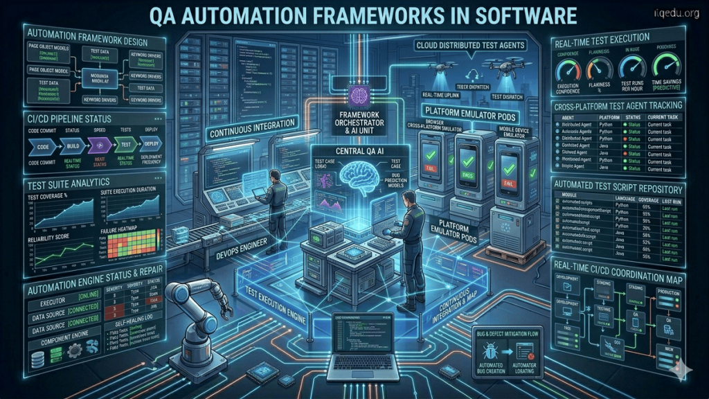 Software QA automation framework visualized with test scripts, CI/CD pipelines, dashboards, and automated test execution across applications.