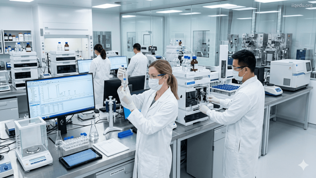 Scientists in a pharmaceutical laboratory conducting quality assurance tests with advanced analytical instruments and digital data screens, highlighting precision and compliance.