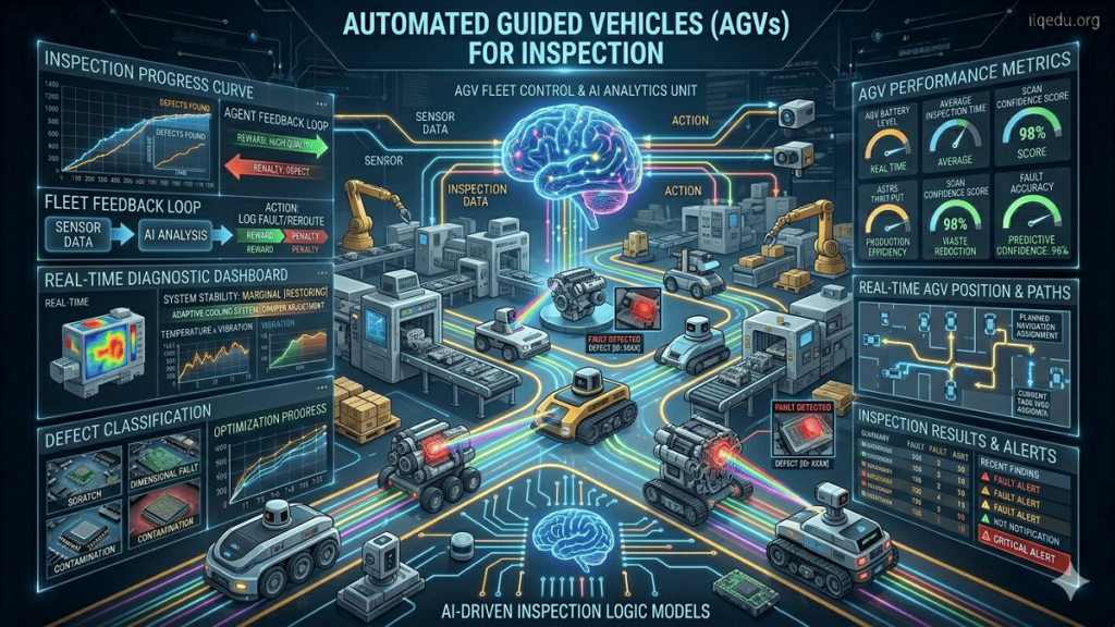 Automated guided vehicle navigating a factory floor for inspection tasks, equipped with sensors and cameras, analyzing equipment and detecting defects in real time.