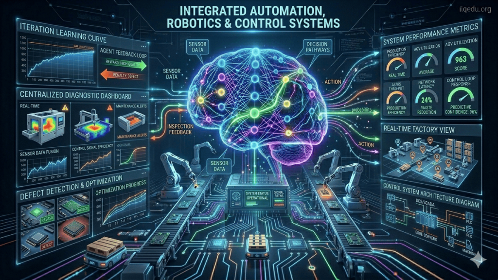 Advanced automation and robotics system controlling industrial processes, with robotic arms, control panels, and real-time monitoring dashboards in a smart factory environment.