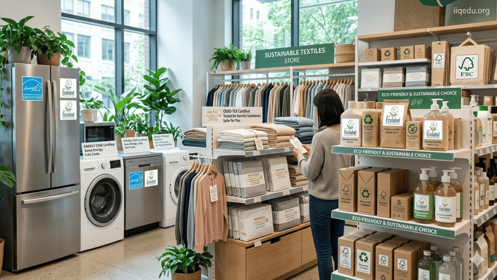 Eco-labels & Green Certifications. Retail products displaying eco-labels like Energy Star, EU Ecolabel, and Oeko-Tex on shelves, highlighting sustainable packaging and energy-efficient appliances, with a watermark ‘iiqedu.org’ in the top-right corner.