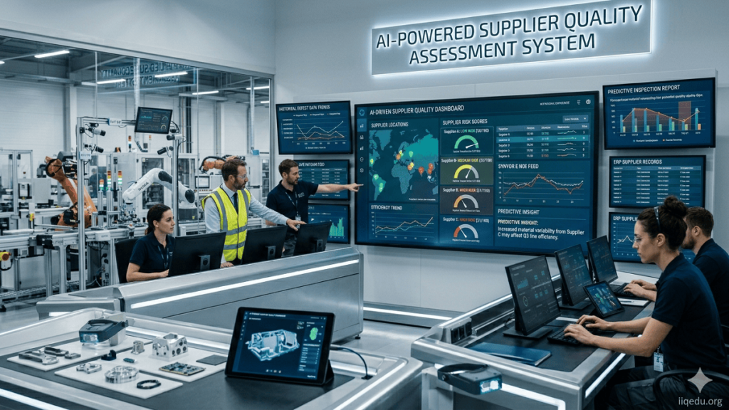 “AI-powered supplier quality assessment system analyzing supplier performance and defect data, displaying dashboards and predictive insights on a computer screen, watermark iiqedu.org.”