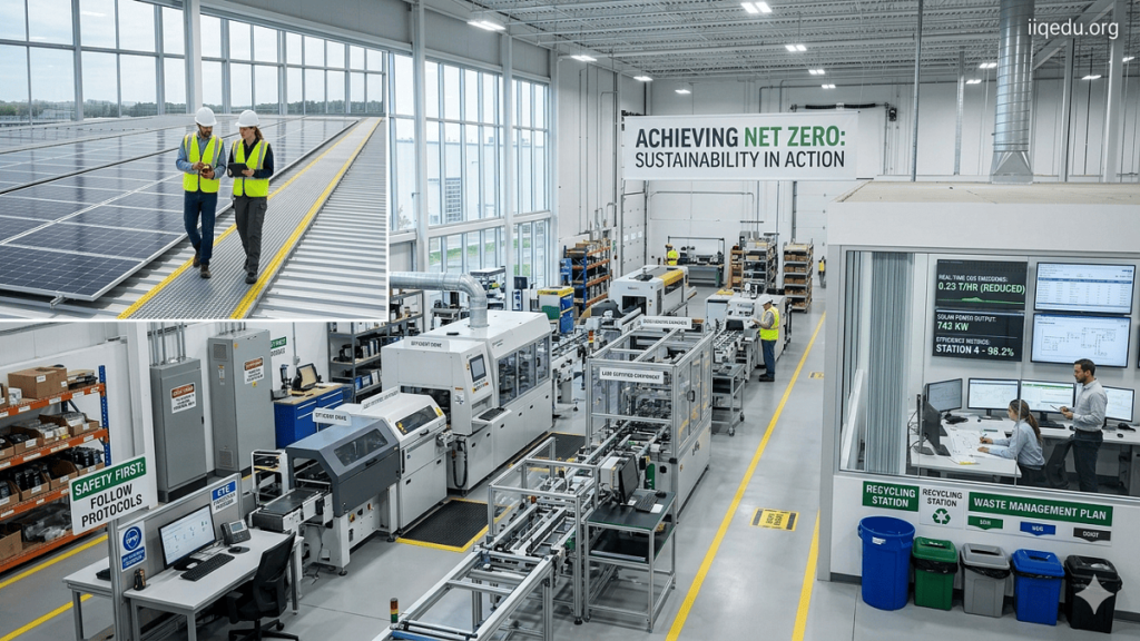 Net Zero Emissions. Employees monitoring emissions data and energy-efficient machinery at a manufacturing plant, highlighting sustainability and operational responsibility.