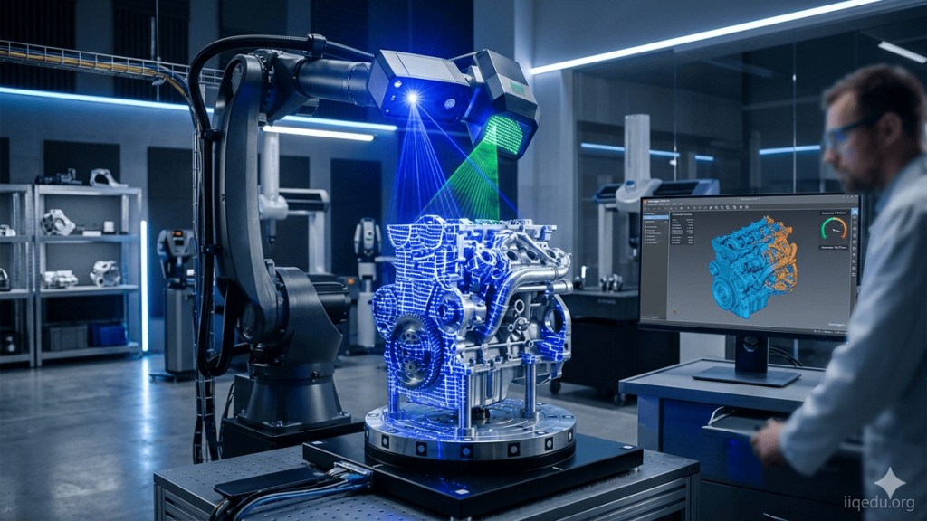 “High-tech 3D optical scanner scanning a mechanical part with laser light, showing a real-time 3D point cloud on a computer screen, watermark iiqedu.org.”