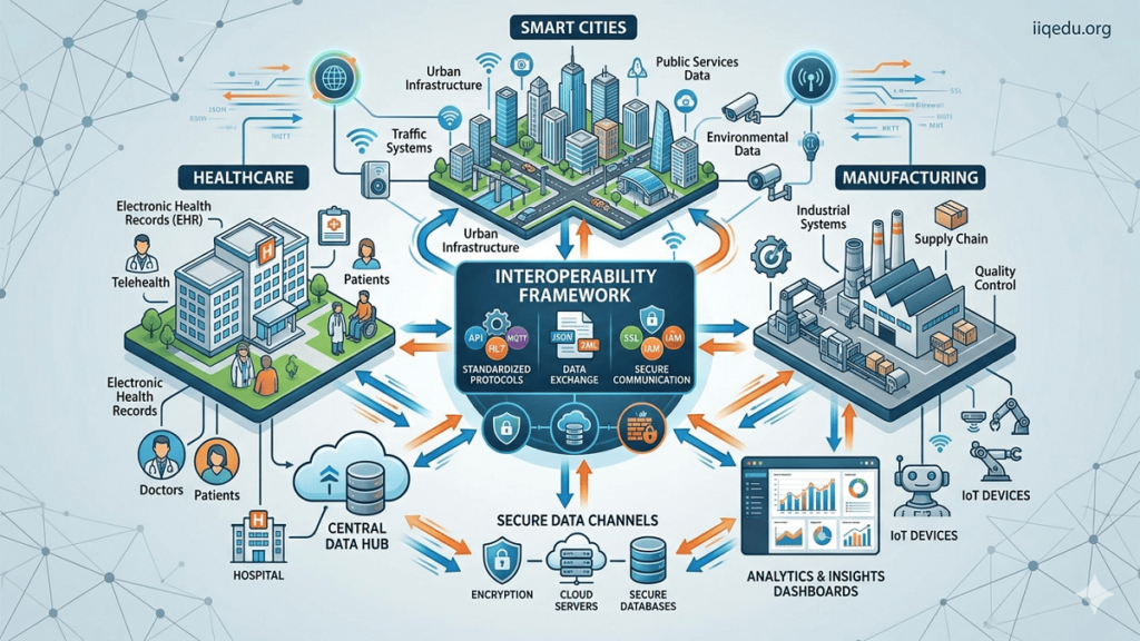 Interoperability Frameworks. Illustration showing hospitals, smart city infrastructure, and factories connected through secure data pipelines, APIs, and cloud servers representing an Interoperability Framework.