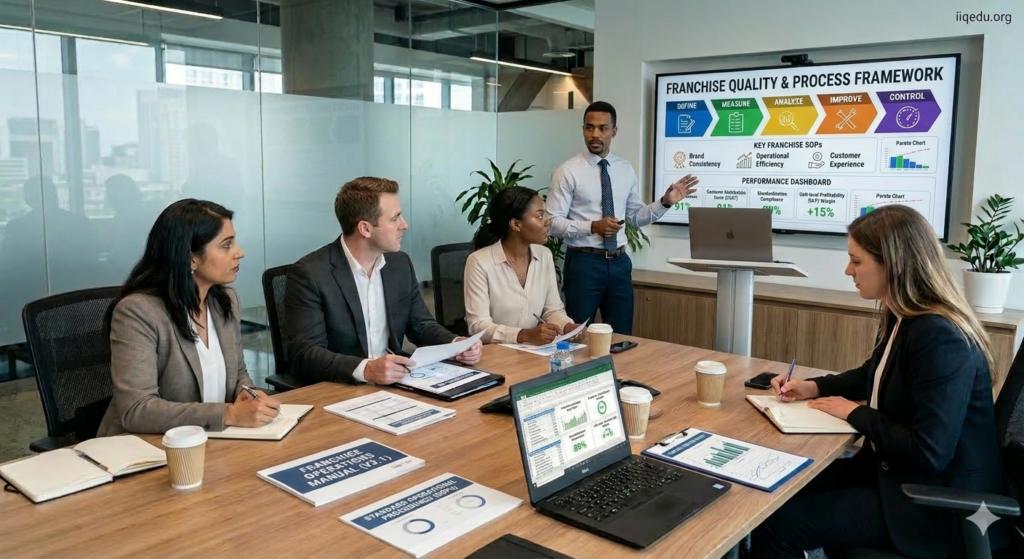 A corporate team in a modern office discussing quality in franchising. Four to five professionals are seated around a table with laptops, reports, and charts. A presenter stands in front of a screen displaying standard operating procedures, quality metrics, and customer satisfaction KPIs. The team looks engaged in discussion and planning. Modern conference room with natural lighting, professional attire, and a watermark “iiqedu.org” in the top-right corner.
