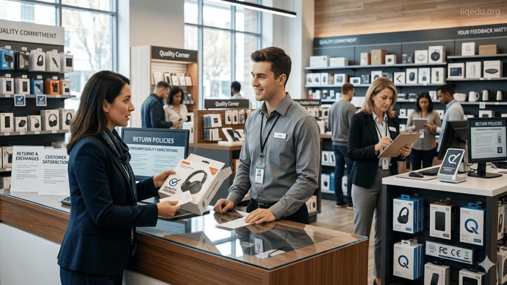 Return Policies & Consumer Quality Expectations. Professional illustration showing a customer returning a product in a modern store while an employee assists and a manager reviews quality standards. Products, packaging, and quality icons are visible. Watermark 'iiqedu.org' is in the top-right corner.